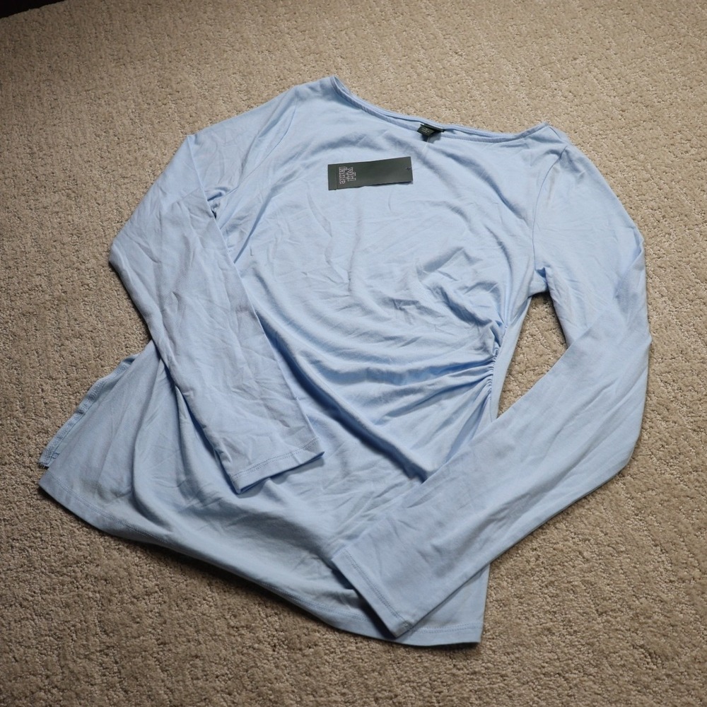 Wild Fable Light Blue Long Sleeve Ruched Side Boat Neck Top NWT Size M